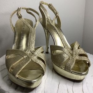 MARC FISHER GLITTER GOLD PLATFORM HEELS SIZE 9